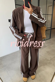Levvie Striped Trim Long Sleeve Lapel Blazer and Rope Belt Pocketed Wide Leg Pants Set