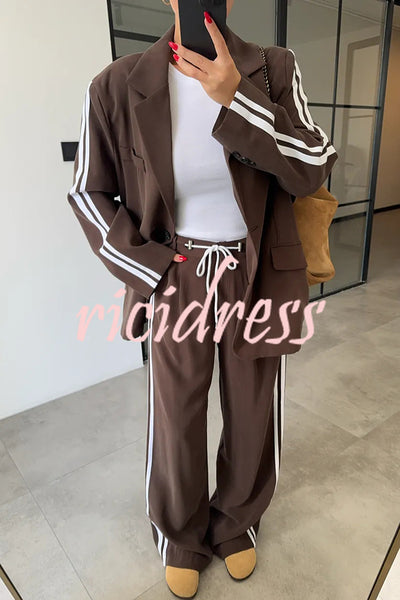 Levvie Striped Trim Long Sleeve Lapel Blazer and Rope Belt Pocketed Wide Leg Pants Set