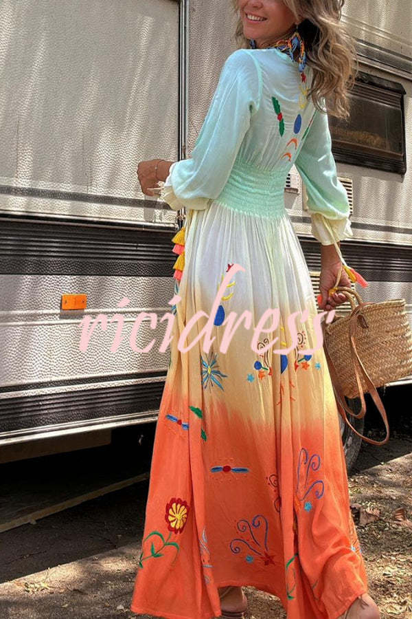 Gigi Unique Pattern Gradient Print Smocked Elastic Waist Fringed Maxi Dress