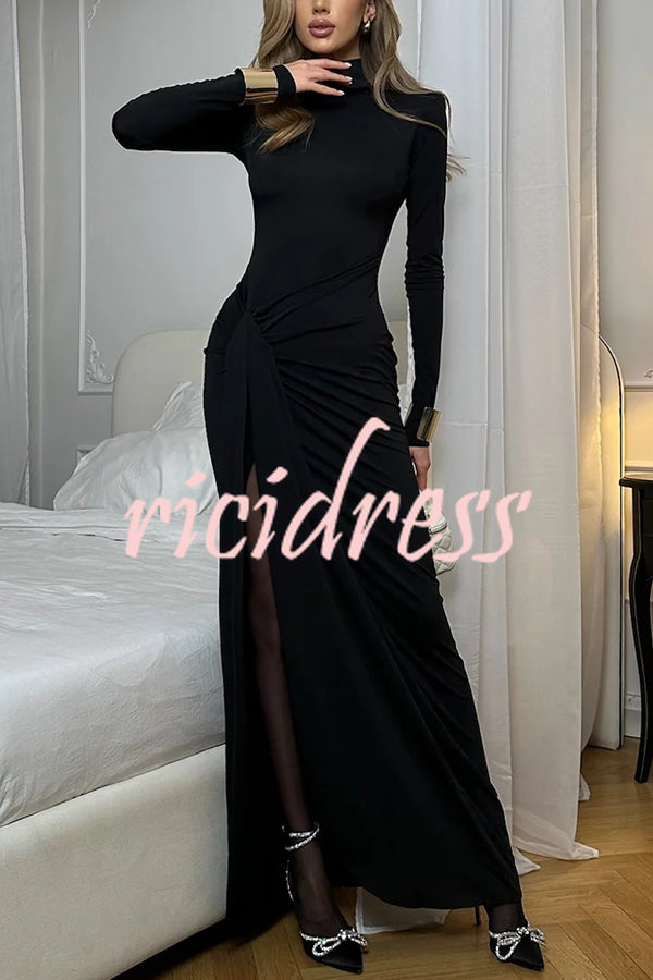 Luxe Silhouette High Neck Shoulder Pads Drape Stretch Maxi Dress