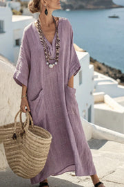 Striped Print V-Neck Casual Loose Pocket Maxi Dress
