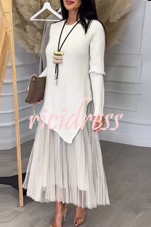 Jensine Ribbed Knit Irregular Loose Sweater and Pleated Tulle Tank Midi Dress Two-piece Set