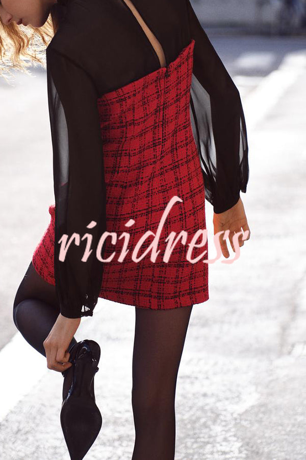 Festive Elegance Tulle Plaid Tweed Patchwork Balloon Sleeve Mini Dress