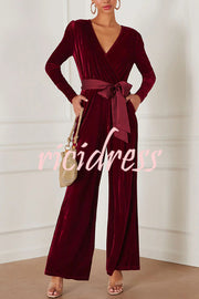 Love One Another Velvet Bow Belted Pocket Cutout Back Loose Jumpsuit