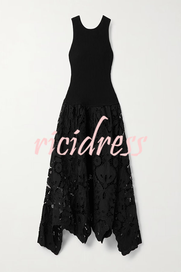 Atlas Asymmetric Ribbed-knit and Guipure Lace Back Zipper Midi Dress