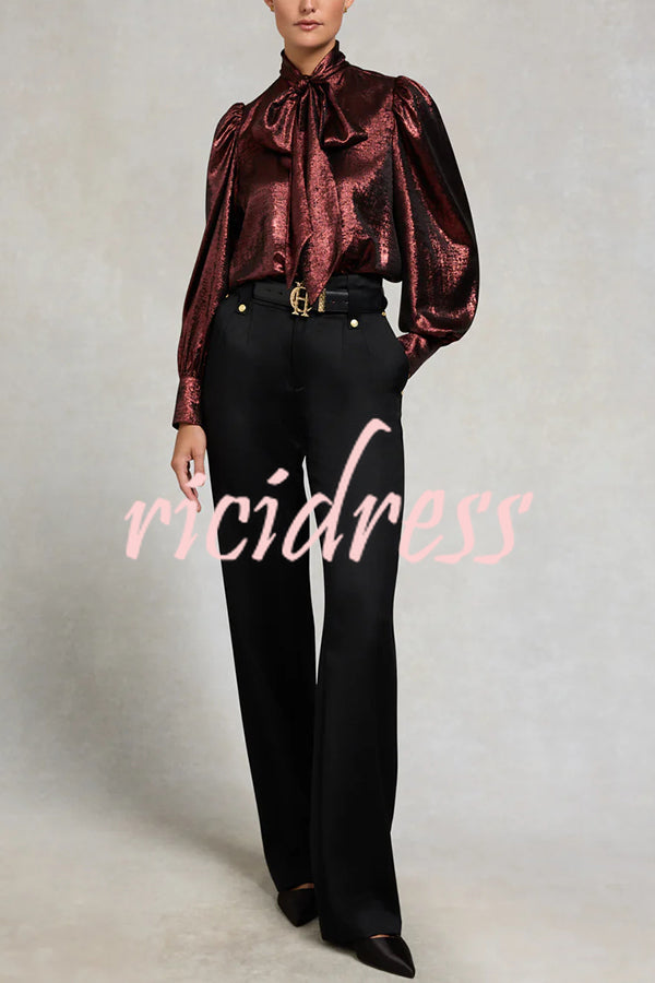 Ariella Metallic Satin Fabric Tie-up Bow Neck Long Sleeve Blouse