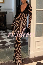 City Night Chiffon Colorblock Animal Print Tie-up Long Sleeve Maxi Dress