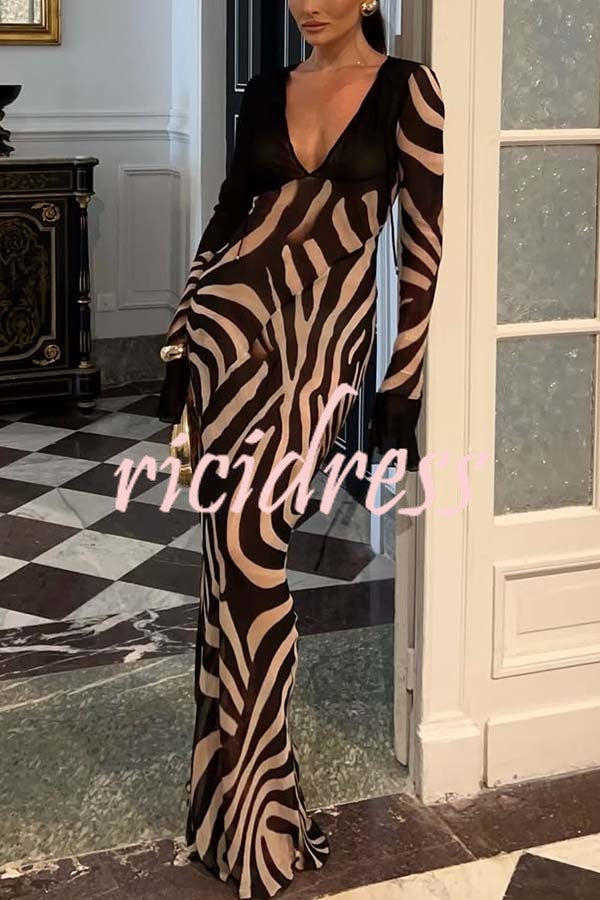 City Night Chiffon Colorblock Animal Print Tie-up Long Sleeve Maxi Dress