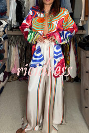 Ellah Satin Rainbow Stripe Print Drawstring Elastic Waist Pocket Wide Leg Pants