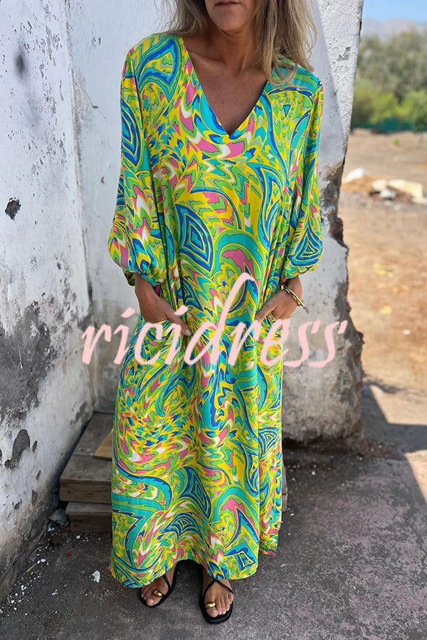 Unique Print V Neck Loose Pocket Holiday Maxi Dress