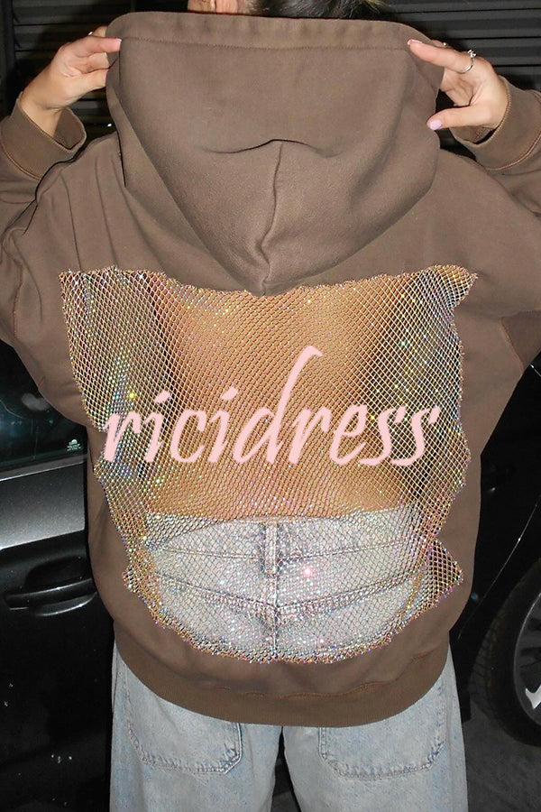 Fashionable Shiny Mesh Hollow Back Loose Long-sleeved Hooded Sweatshirt