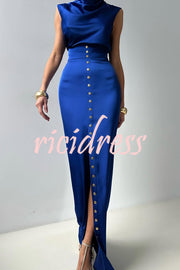 Solid Color Casual Sleeveless Crop Top and Elegant Button-down Maxi Skirt Set