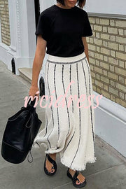 Elegant Stretch Waist Striped Fringed Knitted Skirt