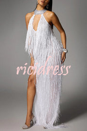 Glimmer Hour Shiny Layered Tassels Halter Cutout Neck Split Maxi Dress