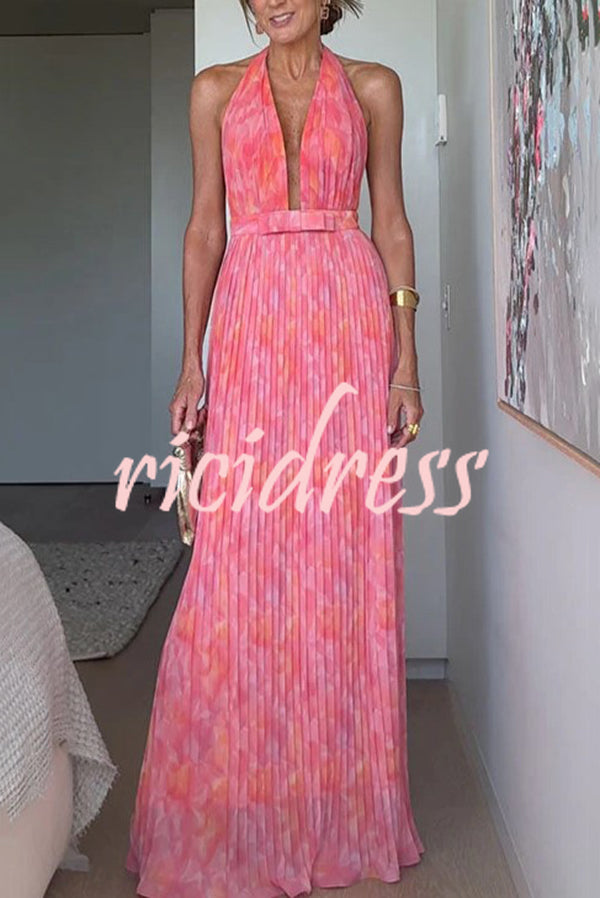 Unique Print Sexy Halter Neck Tie Pleated Vacation Maxi Dress