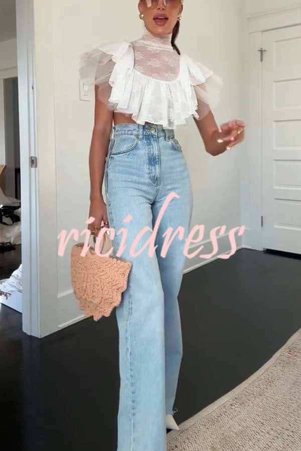 Kathlyn Lace Layered Tulle High Neck Ruffle Cropped Top