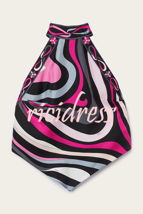 Satin Unique Print Halter Top and Irregular Midi Skirt Set