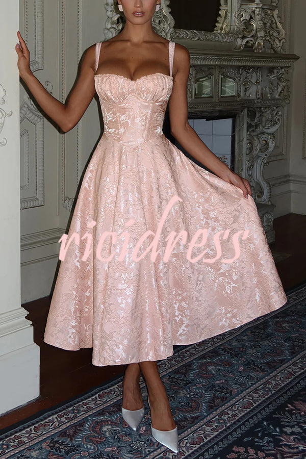 Palace Style Jacquard Fabric Backless Tie Slim Midi Dress
