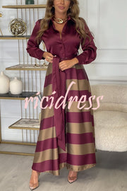 Lindsey Satin Colorblock Contrast Long Sleeve Belted Shirt Maxi Dress