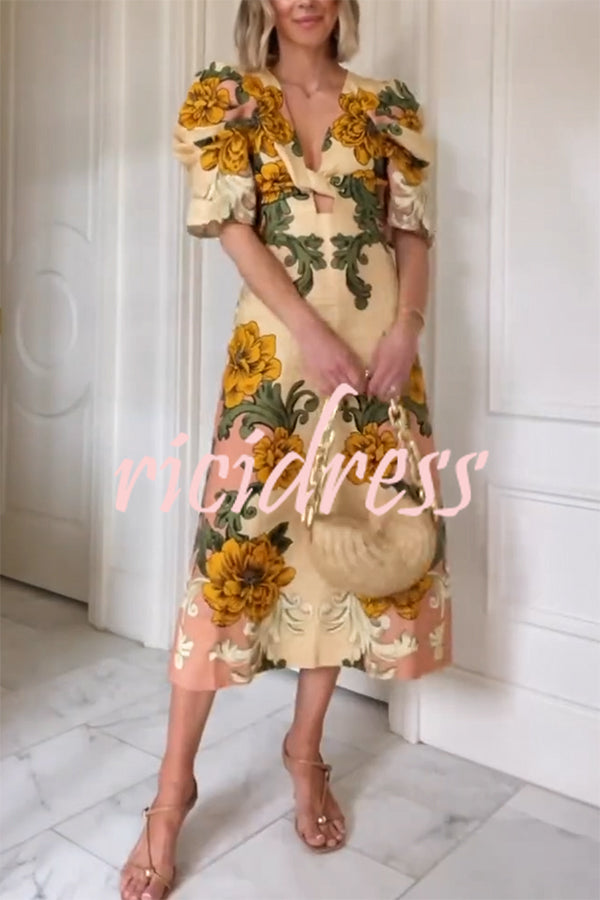 Flower Vine Linen Blend Unique Print Twist Cutout Neck Puff Sleeve Midi Dress