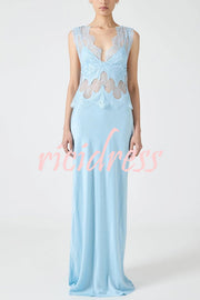 Wonderful Fusion Satin Lace Trim See-through Waist V-neck Drape Maxi Dress