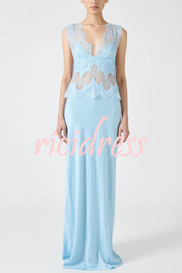 Wonderful Fusion Satin Lace Trim See-through Waist V-neck Drape Maxi Dress