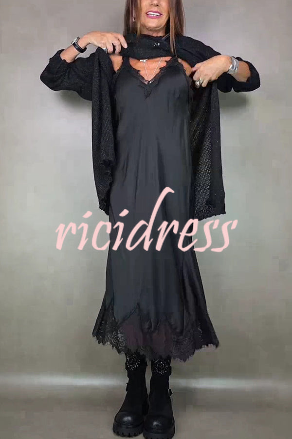 Fashionable V-neck Suspender Lace Splicing Casual Midi Dress