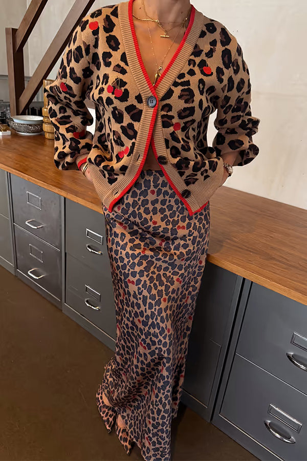 Perfect for Winter Leopard Cherry Print Satin Elastic Waist Draped Maxi Dress