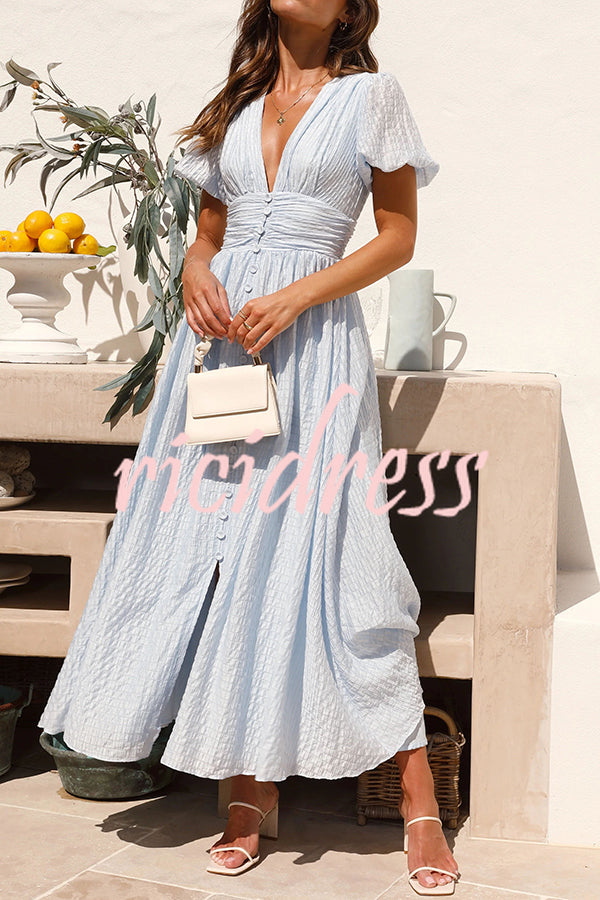 Rustic V Neck Button Zip Pleated Slit Puff Sleeve Maxi Dress