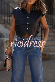 Stylish Weekend Faux Leather Button Up Cape Sleeve Pocket Crop Top