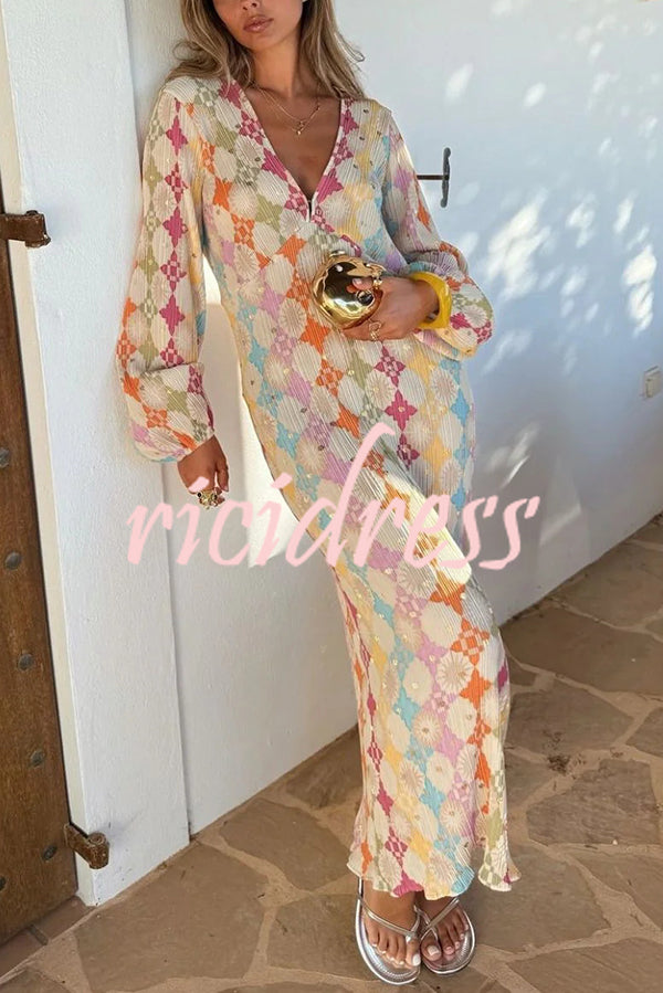 Gorgeous Sunshine Colorful Unique Print Kimono Puff Sleeve Midi Dress