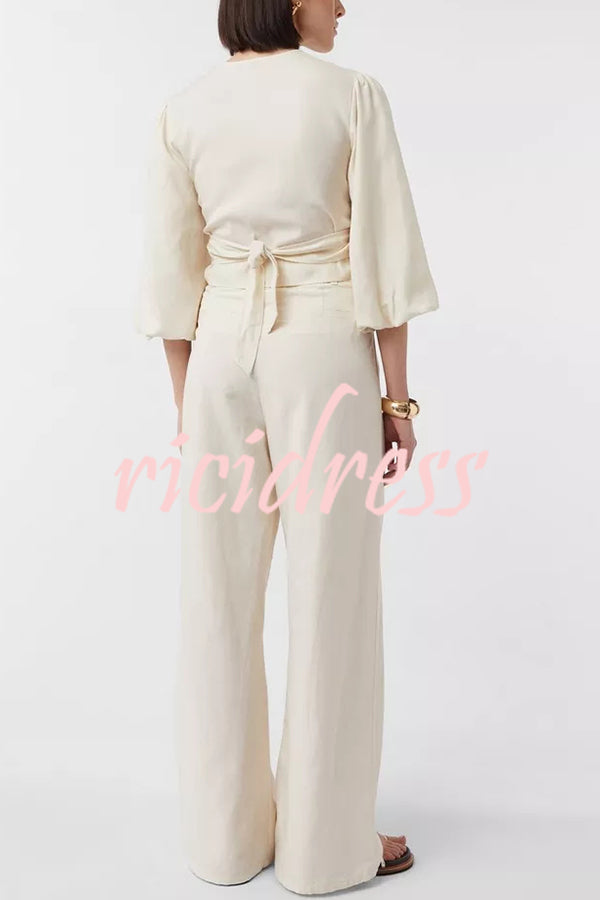 Lets Go Out Linen Blend Balloon Sleeve Wrap Tie-up Loose Top