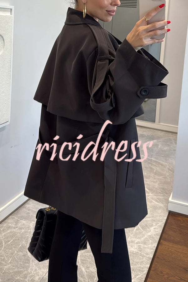 Modern Urban Dropped Shoulder Strap Button Detail Belted Lapel Loose Trench Coat