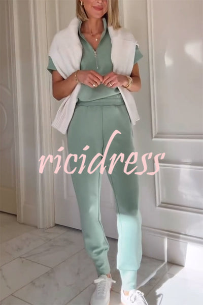 Comfortable and Relaxed Zip-up Short Sleeve Sweatshirt and Elastic Waist Pocket Stretch Pants Set