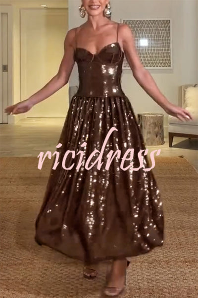 Enchanted Night Sequin Low-cut Corset Balloon Hem Slip Midi Dress