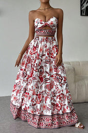 Floral Print Cutout Bandeau Top and Elastic Waist Full Maxi Skirt Set