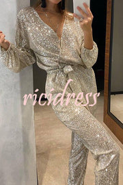 Cheers To You Sequin Long Sleeve Belted Wrap Loose Jumpsuit