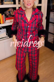 Holiday Time Plaid Contrast Feather Sleeve Pocket Shirt and Elastic Waist Pajama Set