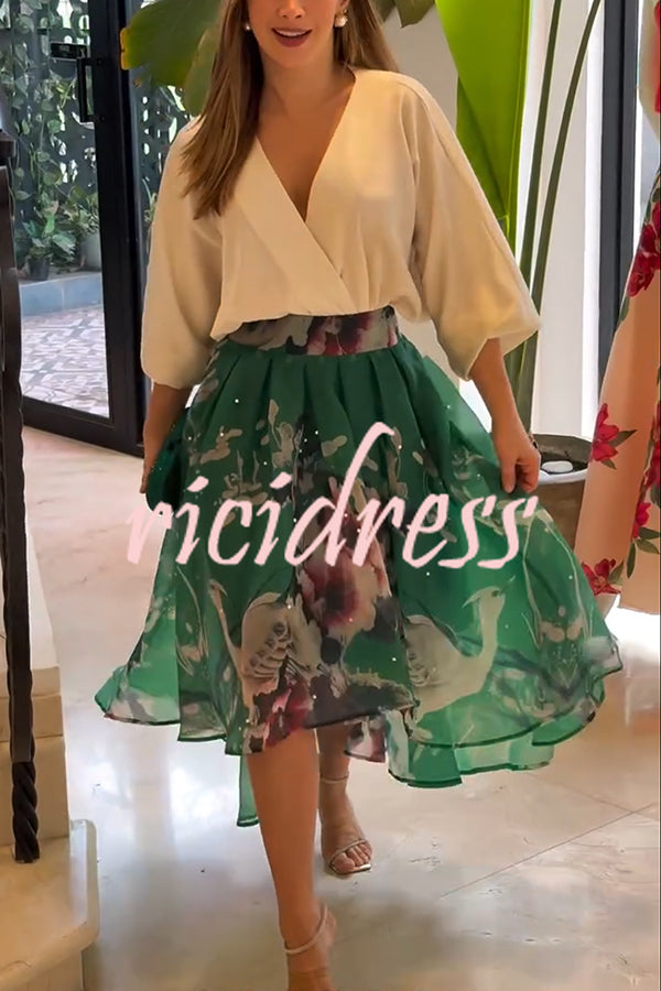 Tessy Batwing Sleeve Top and Floral Elastic Waist Pearls Detail High Low Midi Skirt Set