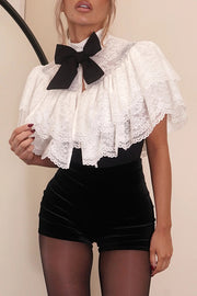 Medieval Style Lace Bow Detail High Neck Open Front Ruffles Cropped Cape Top
