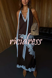 Sunday Social Contrast Color Satin Lace Trim Mid Rise Maxi Skirt