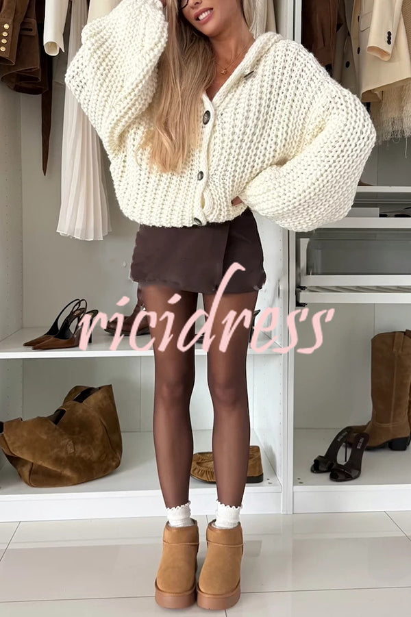 Warm Day Knit Button Up Long Balloon Sleeve Hooded Loose Cardigan