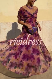 Unique Printed V-Neck Waisted Mesh Holiday Maxi Dress