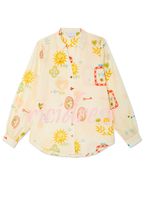 Funny Vacation Unique Printed Long Sleeve Shirt and Elastic Waist Pocket Loose Shorts Set