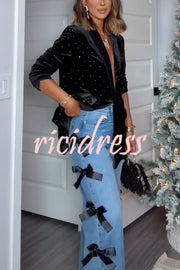 Runway Muse Denim High Rise Bow Trim Pocketed Wide Leg Jeans