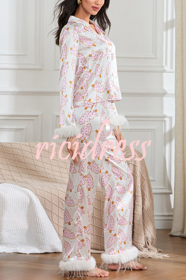 Christmas Print Feather Trim Elastic Waist Pocket Pajama Set