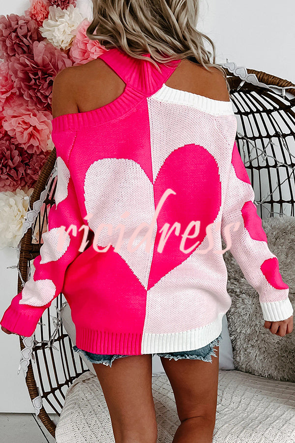 Fashionable Contrasting Heart-shaped Off-shoulder Long-sleeved Loose Sweater