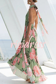 Opera Pleated Floral Halter Asymmetric Hem A-line Maxi Dress