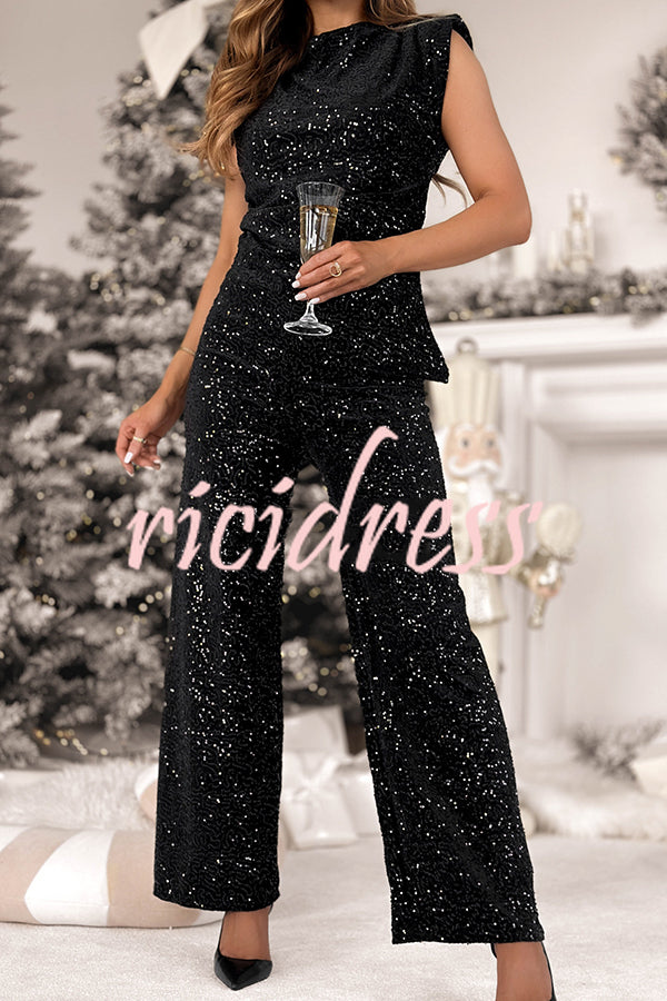 Stylish Sparkly Velvet Sequin Sleeveless Pleated Top and Casual Wide-leg Pants Set
