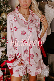 Sweet Glamour Satin Candy Print Velvet Trim Elastic Waist Pocketed Pajama Shorts Set